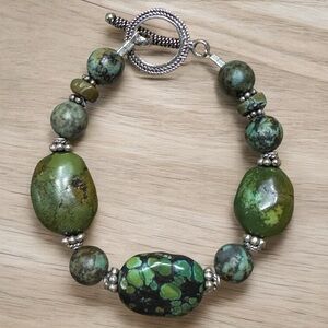 Green Jasper Artisan Bracelet with Silver Accents and Hardware Handmade 7.5 in